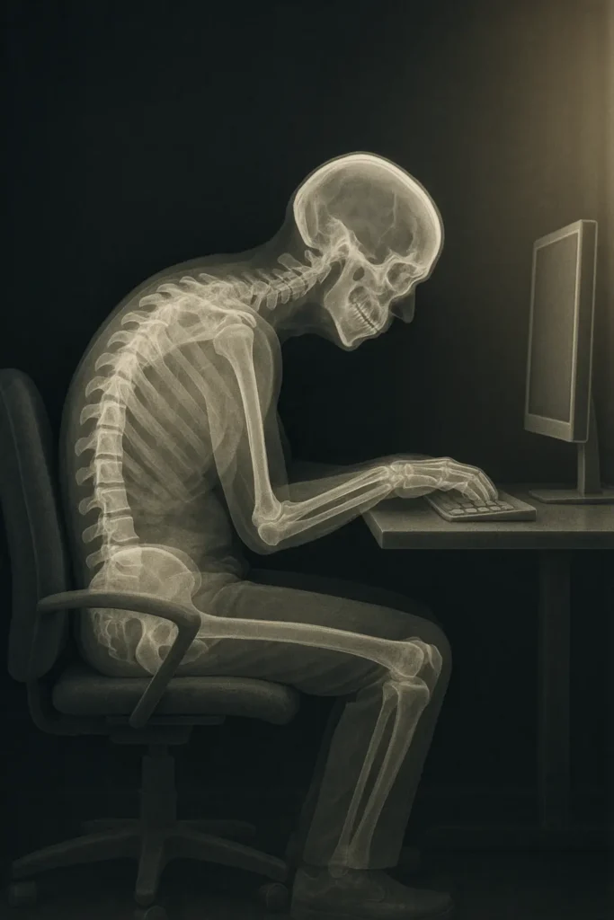AI-generated X-ray image of a skeleton sitting at a computer desk