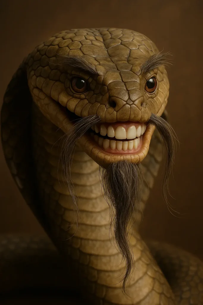 AI-generated cobra with human teeth, beard, and sinister smile
