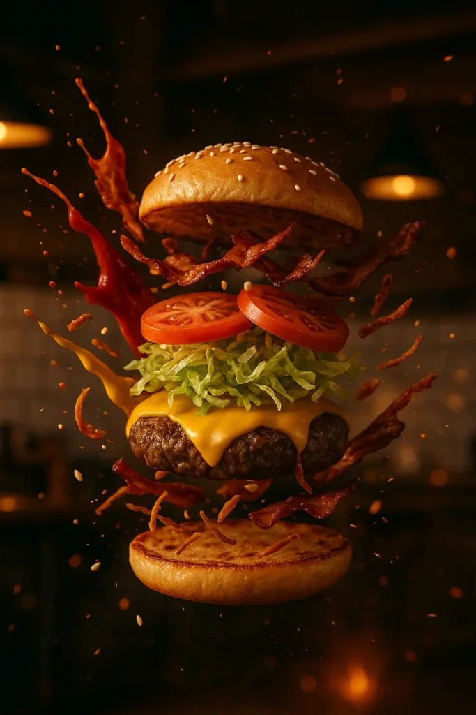 AI-generated floating burger with exploding ingredients in cinematic lighting