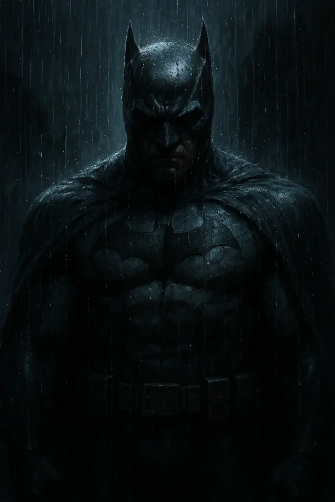 AI-generated dark cinematic portrait of Batman standing in the rain