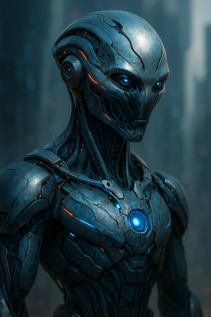 Futuristic AI robot with glowing blue core standing in a high-tech environment – AI generated image