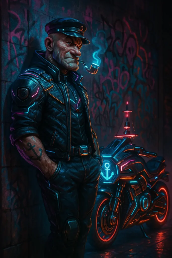 Cyberpunk biker with neon-lit motorcycle and moody urban background