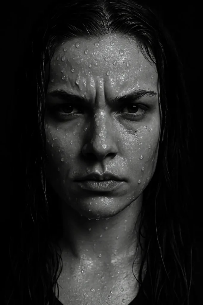 Black and white portrait of a fierce woman with rain on her face