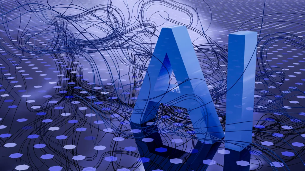 AI letters surrounded by digital neural connections representing brand intelligence AI Creativity AI Visual Storytelling by DICAPLO showcasing cinematic branding
