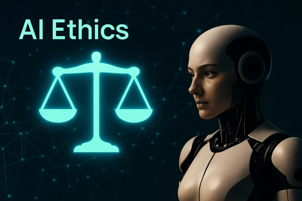 AI Ethics visual illustration showing ethical balance between human and artificial intelligence decisions