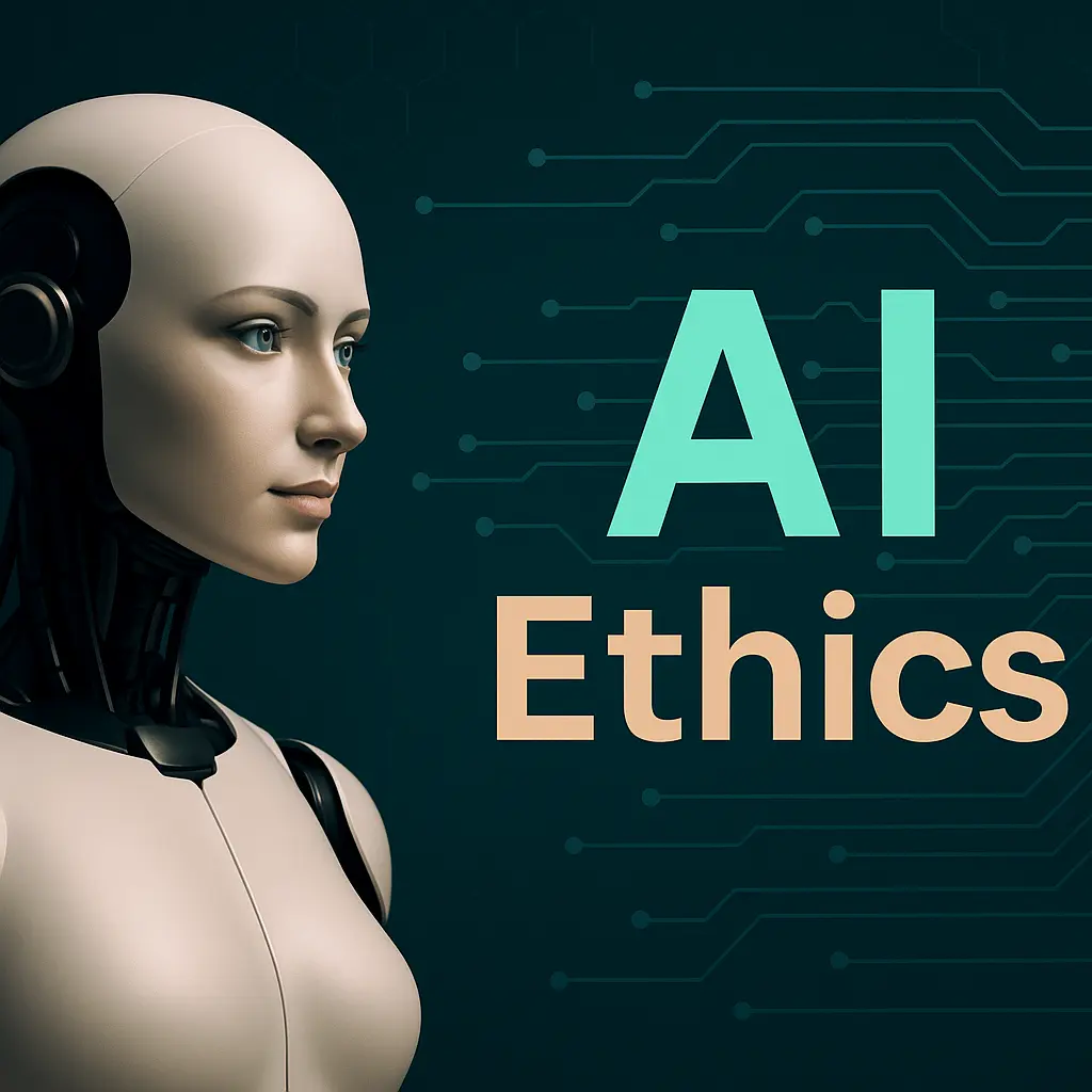 AI Ethics illustration showing balanced scales and artificial intelligence circuit