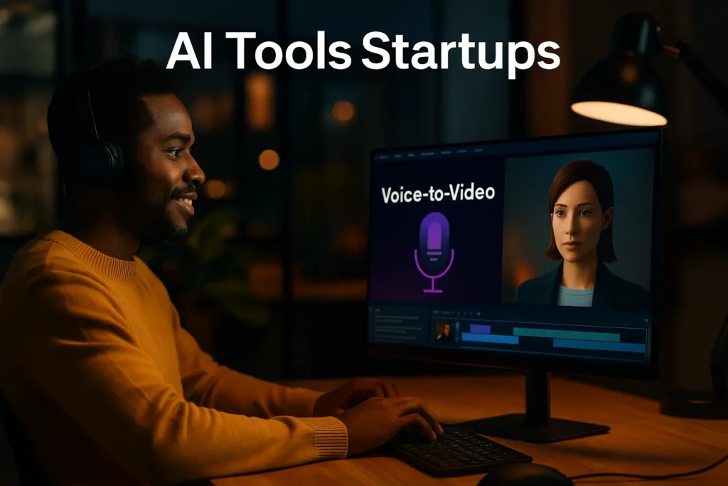 Futuristic workspace illustrating innovation in AI Tools Startups