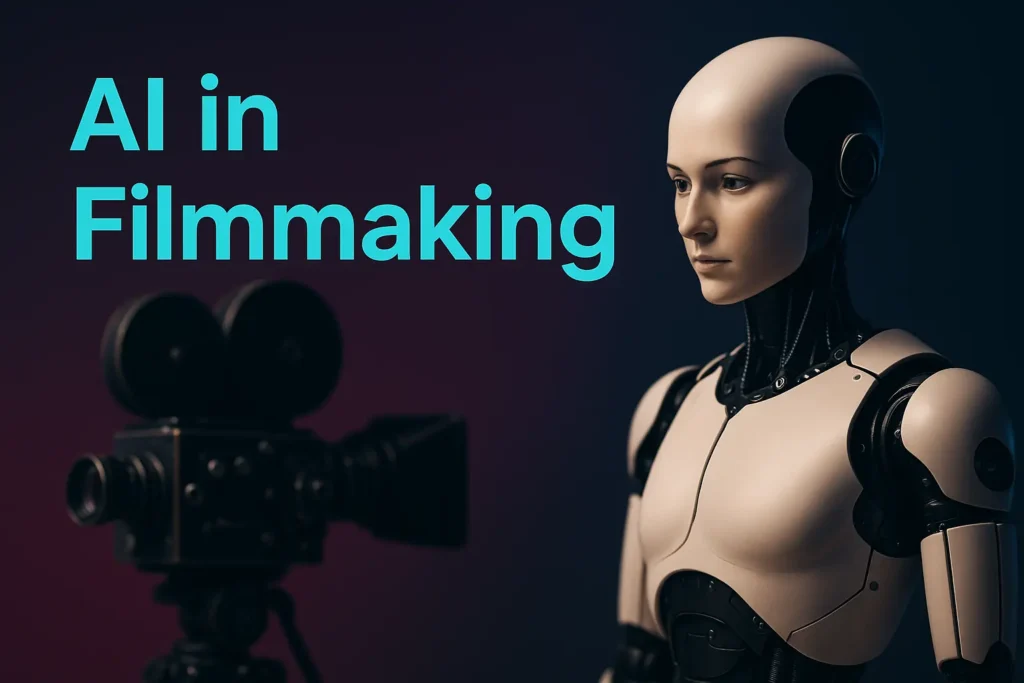 AI in Filmmaking concept with humanoid robot directing a film scene