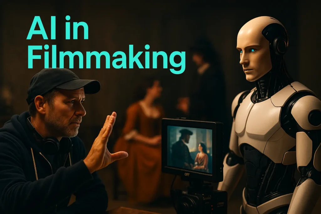 AI in Filmmaking - robotic camera operating on a futuristic film set