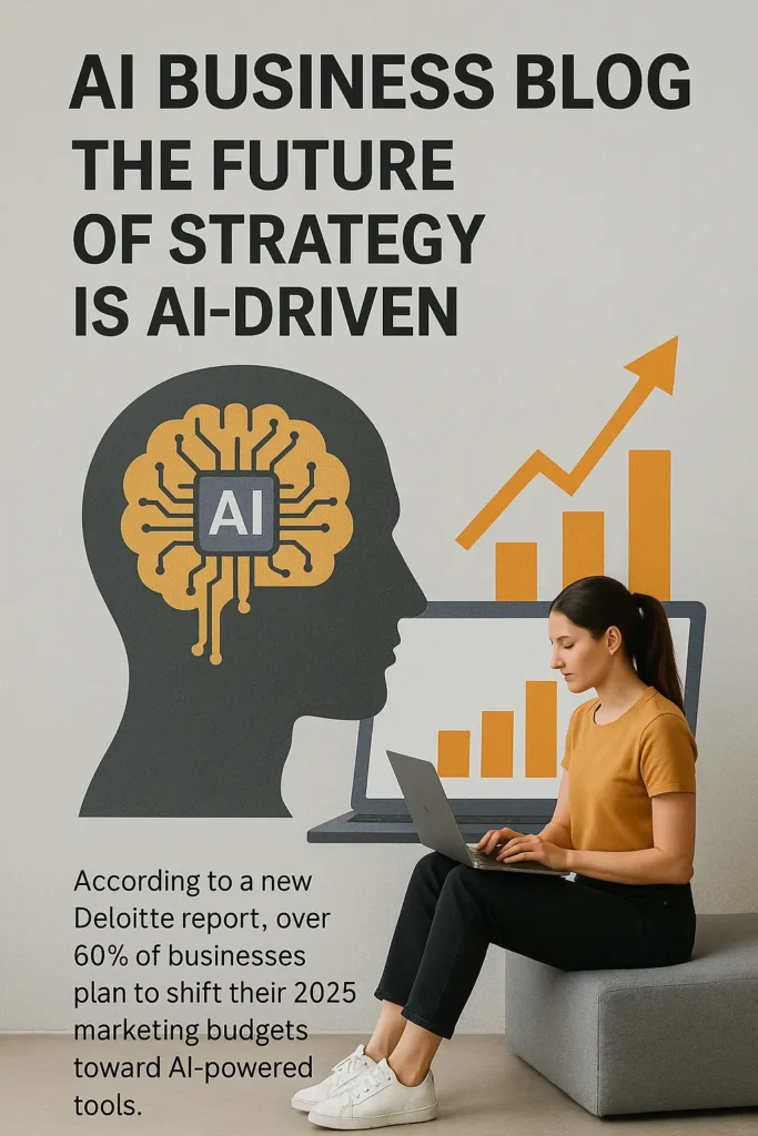 Woman working on laptop with AI brain and business growth chart — representing AI-driven business strategies.