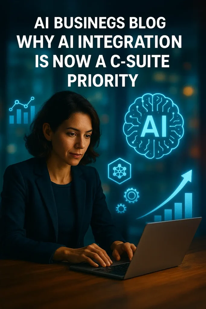 Businesswoman working on laptop with glowing AI brain, data charts, and futuristic interface — symbolizing AI leadership in corporate strategy