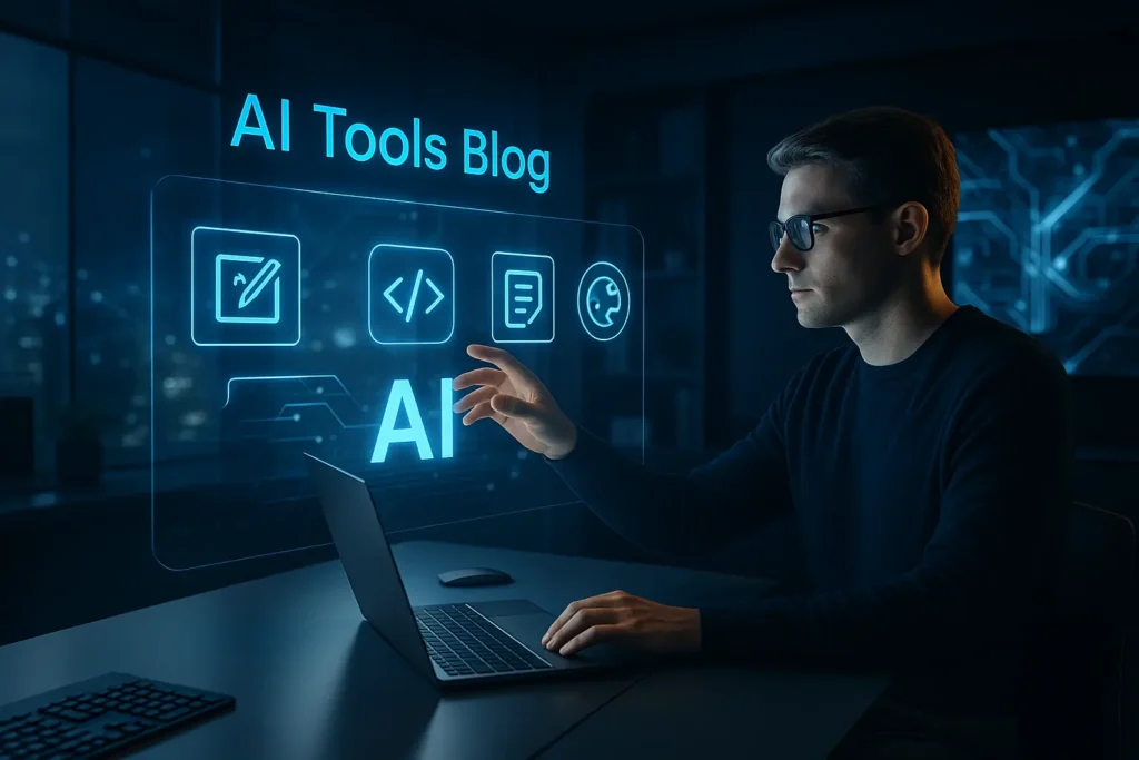 Professional discussing AI tools innovations in a tech-driven workspace – AI Tools Blog