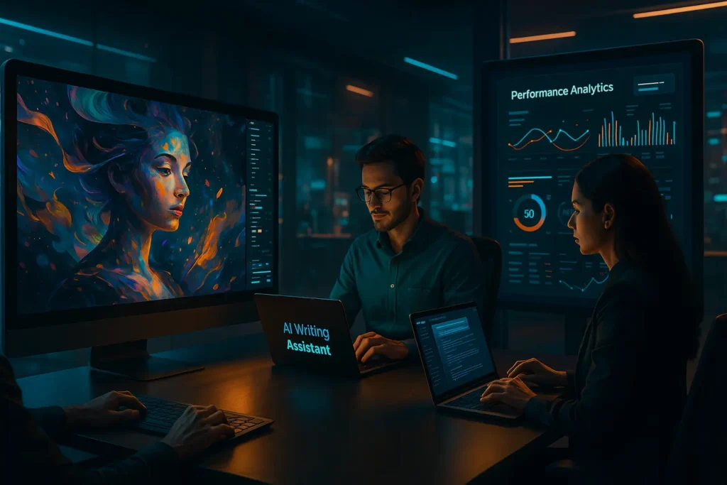 Futuristic workspace inspired by AI tools blog with modern technology integration